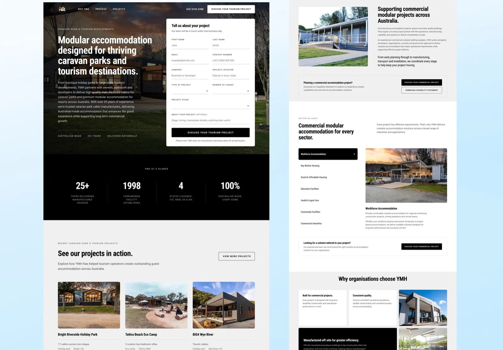 The YMH Tourism page and Commercial Modular page side by side, showing the same layout with different headlines, form fields and calls to action