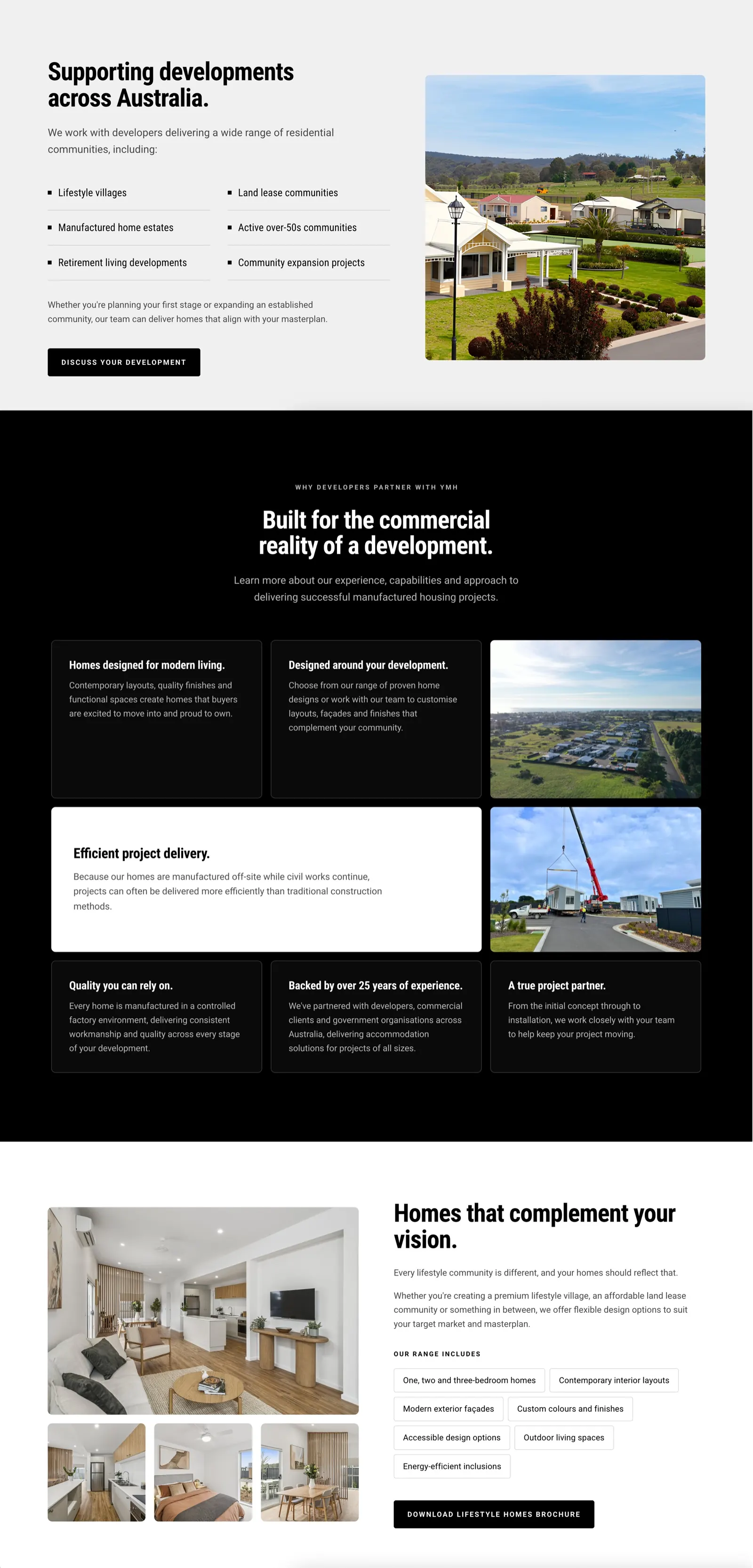 Further down the YMH Lifestyle page: development types served, a bento of six reasons developers partner with YMH, and a home range section with interior photography